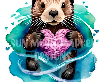 Seeotter Strickherzen png Valentinstag Aquarell Zeichnung Clipart .png digitaler Download Sublimation Stricker häkeln