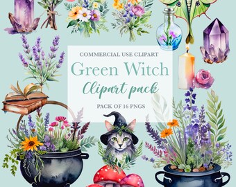 Grüne Hexe Frühling PNG Aquarell Sublimation Clipart digital Ostara Beltane witchy Frühling Blumen Kräuter Ostara Imbolc Beltane