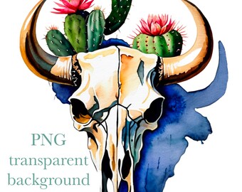Kuhschädel mit Kaktus Aquarellzeichnung Clipart digitaler download Sublimation