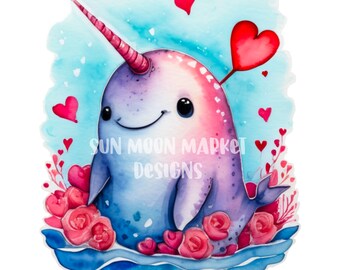 Narwhal Herzen Valentinstag Aquarell Zeichnung Clipart .png digitaler Download Sublimation