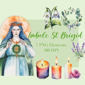 以下が含まれることがあります： 青いドレスを着た女性が、中央に星がついた花輪を持っている水彩画のイラスト。画像には、ろうそく、花、そして「Imbolc St Brigid 7 PNG Elements 300 DPI」というテキストも含まれています。
