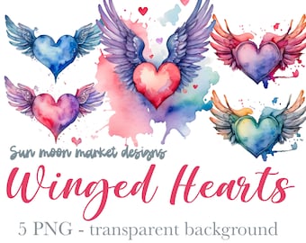 Geflügelte Herzen Valentinstag Aquarell Zeichnung Clipart .png digitaler Download Sublimation