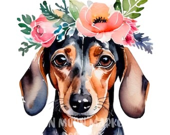Dackel Doxen mit Blumenkrone Aquarell Zeichnung Clipart digitaler download Dackel Hund mit Blumen Boho