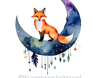 Fuchs im Mond Aquarell Zeichnung Clipart digitaler download
