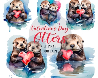 Sea Otter Valentinstag Herz Bundle Aquarell Zeichnung Clipart .png digitaler Download Sublimation