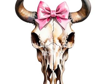 Kuhschädel mit rosa Schleife png kokette Aquarell, weiche Mädchen-Ära, digitale Sublimation Clipart, Ballettkern Western