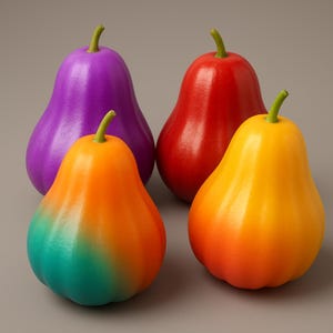 May include: Four decorative pears in vibrant colors: purple, red, orange with teal gradient, and yellow with orange gradient. Each pear has a green stem and a glossy finish, set against a neutral background.