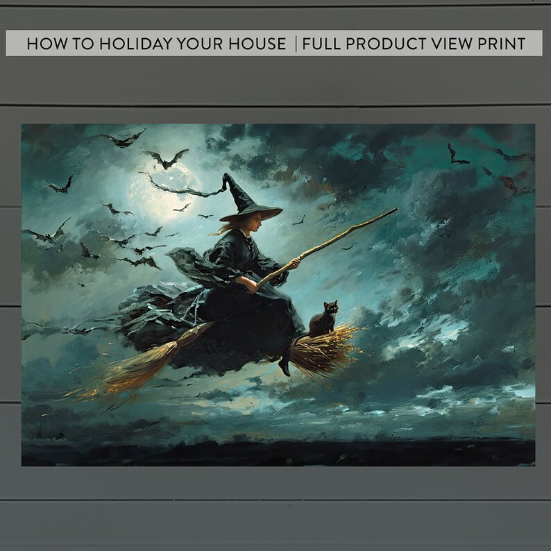 Witch Flying on Broom Painting Printable Art | Vintage Style | Oil ...
