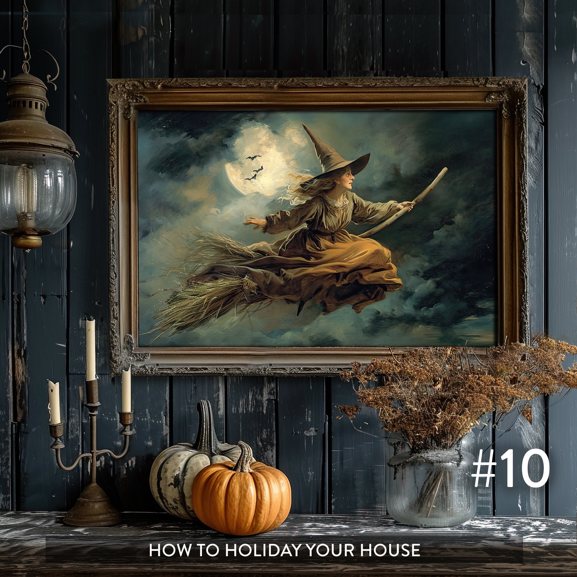 ムーン Witch Flying on Broom Painting Printable Art | Vintage Style | Oil