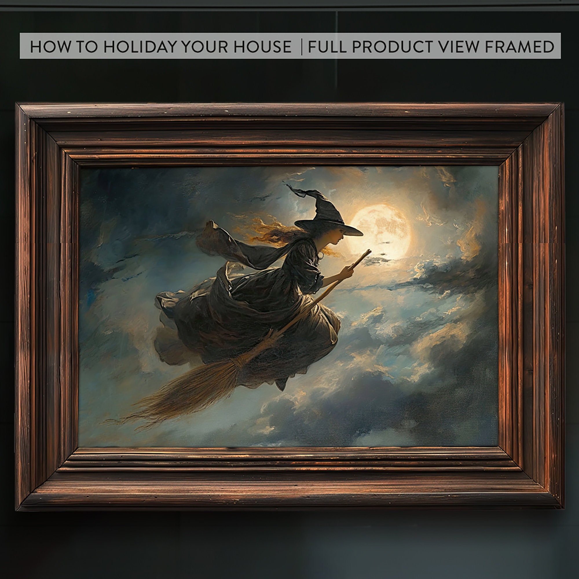 Witch Flying on Broom Painting Printable Art | Vintage Style | Oil ...