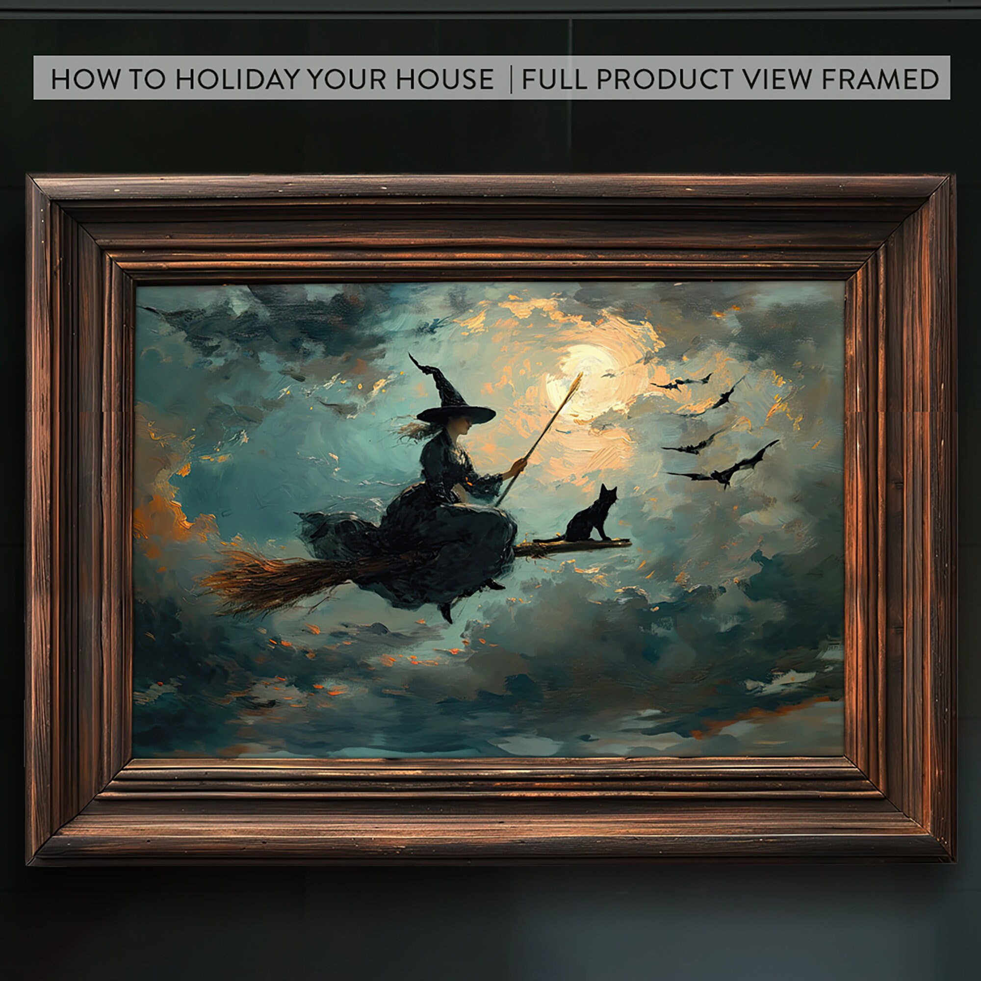 Witch Flying on Broom Painting Printable Art | Vintage Style | Oil ...