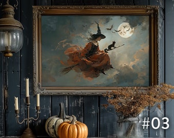 May include: A framed painting of a witch flying on a broomstick with a black cat. The witch is wearing a red dress and a black hat. The painting is set against a backdrop of clouds and a full moon. The text "#03 HOW TO HOLIDAY YOUR HOUSE" is visible below the painting.