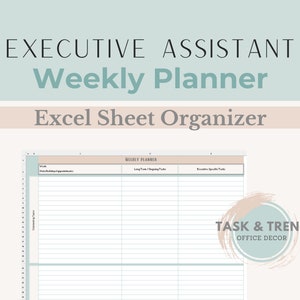 May include: A printable weekly planner template for executive assistants. The template is designed in a light blue and pink colour scheme and includes sections for daily appointments, long-term tasks, and executive specific tasks. The template is labelled "Weekly Planner" and "Excel Sheet Organizer".