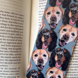 Personalised pet bookmark placed inside open book, custom dog or cat portrait reading accessory thoughtful gift for bookworms.