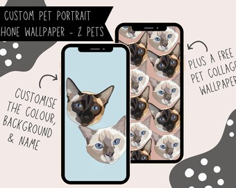 Papier peint personnalisé dessiné à la main pour téléphone avec portrait d'animal de compagnie - Deux animaux de compagnie (téléchargement numérique)
