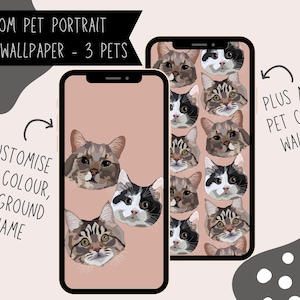 Custom Hand-Drawn Pet Portrait Phone Wallpaper: Three Pets (Digital Download)
