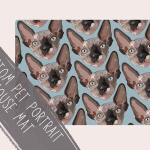 May include: A mouse mat with a repeating pattern of Sphynx cat faces on a light blue background. The cats have large ears, blue eyes, and dark noses. The text "CUSTOM PET PORTRAIT MOUSE MAT" is visible on the left side of the mat.