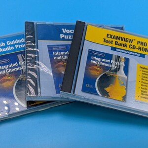 May include: Three clear plastic CD-ROM cases featuring educational software for Integrated Physics and Chemistry. The cases display titles including English Guided Audio Program, Vocabulary Puzzles, and ExamView Pro Test Bank CD-ROM for Windows/Mac.