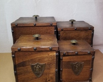 4 Vintage Wood Kitchen Canisters with Eagle Emblem and Removable Liners