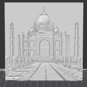 May include: A detailed, grayscale relief sculpture of the Taj Mahal. The iconic mausoleum is centered, with its large dome and minarets. A pathway leads to the building, flanked by trees and columns. The artwork is set against a plain background.