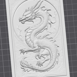 May include: A white, rectangular relief carving featuring a detailed depiction of a dragon within a circular frame. The dragon is shown in a dynamic pose, with intricate scales and flowing details. The carving is set against a textured background.