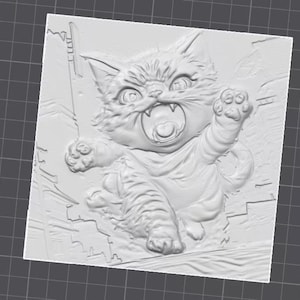 May include: A white relief sculpture of an angry cat with its mouth open and paws raised. The cat is set against a backdrop of stylized buildings. The sculpture is detailed, showing fur texture and facial features.