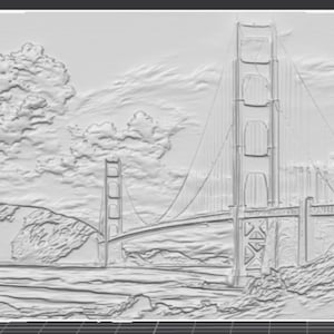 May include: A detailed relief sculpture of the Golden Gate Bridge in San Francisco. The artwork depicts the bridge's towers, cables, and roadway, with clouds and water in the background. The piece is monochromatic.