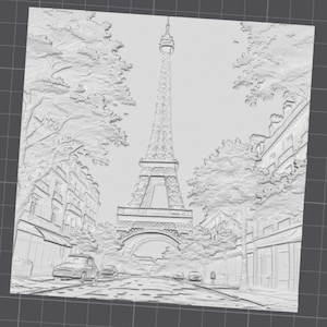 May include: A grayscale relief sculpture depicting the Eiffel Tower in Paris, France. The artwork shows the tower centered on a street lined with buildings and trees. Cars and pedestrians are also visible, creating a detailed cityscape.