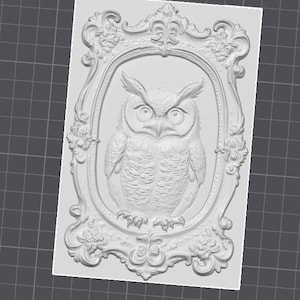 May include: A white, rectangular relief sculpture featuring an owl within an ornate oval frame. The owl is centered, with detailed feather textures and large, round eyes. The frame has floral and scrollwork details.