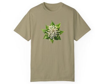 Lily of the Valley May Birth Month Flower - Khaki Unisex Garment-Dyed T-shirt