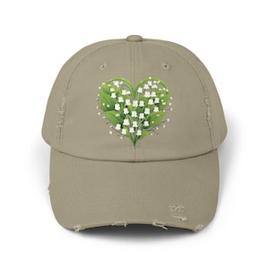 Lily of the Valley Flower Heart - Light Olive Unisex Distressed Cap