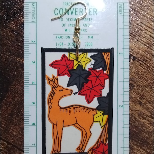 Deer Hanafuda Earring (1) (Maple) ~ Real Hanafuda Cards, Water-resistant, Demon Slayer Inspiration, Gold-Plated Brass Hook