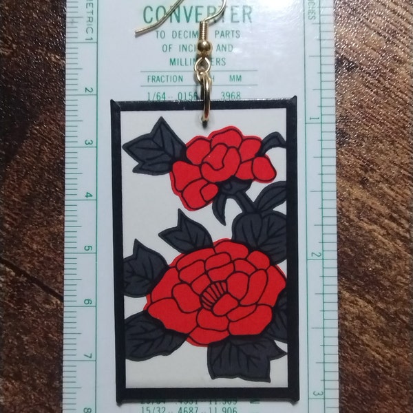 Peony (L) Hanafuda Earring (1) ~ Real Hanafuda Cards, Water-resistant, Demon Slayer Inspiration, Gold-Plated Brass Hook