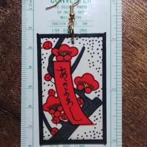 Poetry Tanzaku (Plum Blossom) Hanafuda Earring (1) ~ Real Hanafuda Cards, Water-resistant, Demon Slayer Inspiration, Gold-Plated Brass Hook