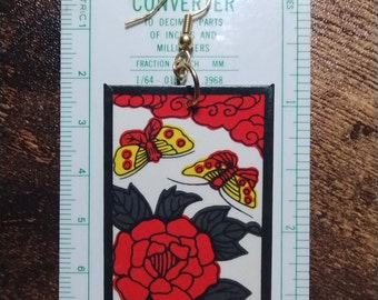 Butterflies Hanafuda Earring (1) (Peony) ~ Real Hanafuda Cards, Water-resistant, Demon Slayer Inspiration, Gold-Plated Brass Hook