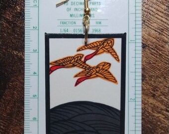 Geese Hanafuda Earring (1) (Susuki Grass) ~ Real Hanafuda Cards, Water-resistant, Demon Slayer Inspiration, Gold-Plated Brass Hook