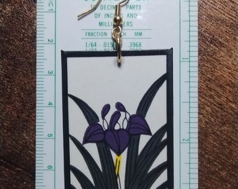 Iris (L) Hanafuda Earring (1) ~ Real Hanafuda Cards, Water-resistant, Demon Slayer Inspiration, Gold-Plated Brass Hook