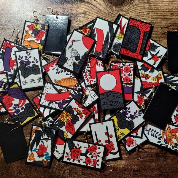 48 Hanafuda Earrings Set + Extras ~ Real Hanafuda Cards, Water-resistant,  Demon Slayer Inspiration, Gold-Plated Brass Hook