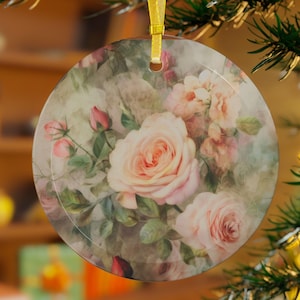 Rose Glass Ornament, Cottagecore Ornaments, Whimsical Ornaments, Pink Rose Ornament, Flower Ornaments, Floral Ornaments, Victorian Pink Rose