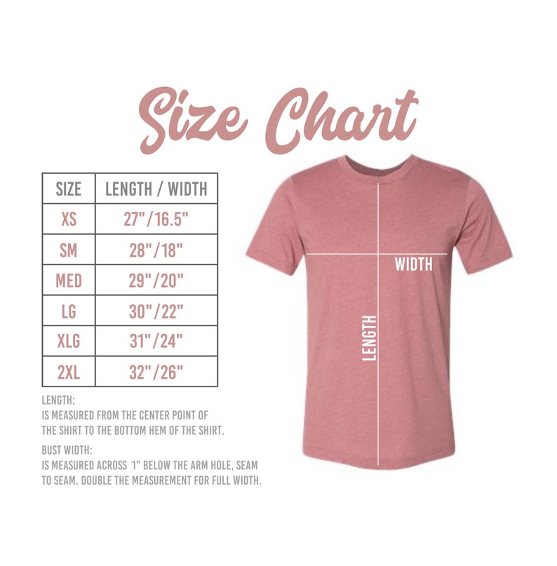 May include: Size chart for a t-shirt with measurements in inches. The chart shows the length and width of the shirt in different sizes: XS, SM, MED, LG, XLG, and 2XL.