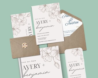 Vintage Floral Wedding Invitation, Rustic Wedding Invite, Classic Wedding Stationery