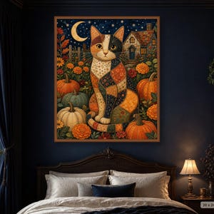 May include: A framed wall art print featuring a patchwork cat sitting in a pumpkin patch at night. The scene includes a crescent moon, starry sky, and a small house in the background. The cat has multi-coloured patterned fur. The print is 51 x 61 cm.
