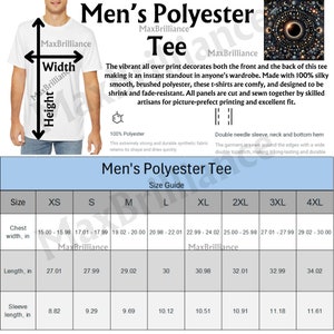 Könnte beinhalten: Größentabelle für ein Herren-T-Shirt aus Polyester. Die Tabelle zeigt die Maße in Zoll für Brustweite, Länge und Ärmellänge. Die Größen reichen von XS bis 4XL.