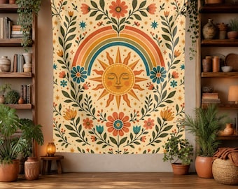 Muted Rainbow Folk Sun Tapestry | Boho Sun Wall Decor, Bedroom Art
