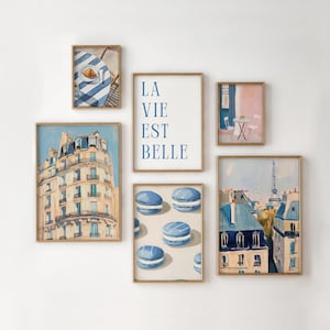 Juego de 6 carteles de París, arte de pared imprimible colorido, carteles de viajes, pinturas francesas, impresión de La Vie Est Belle, impresiones de París, decoración de moda
