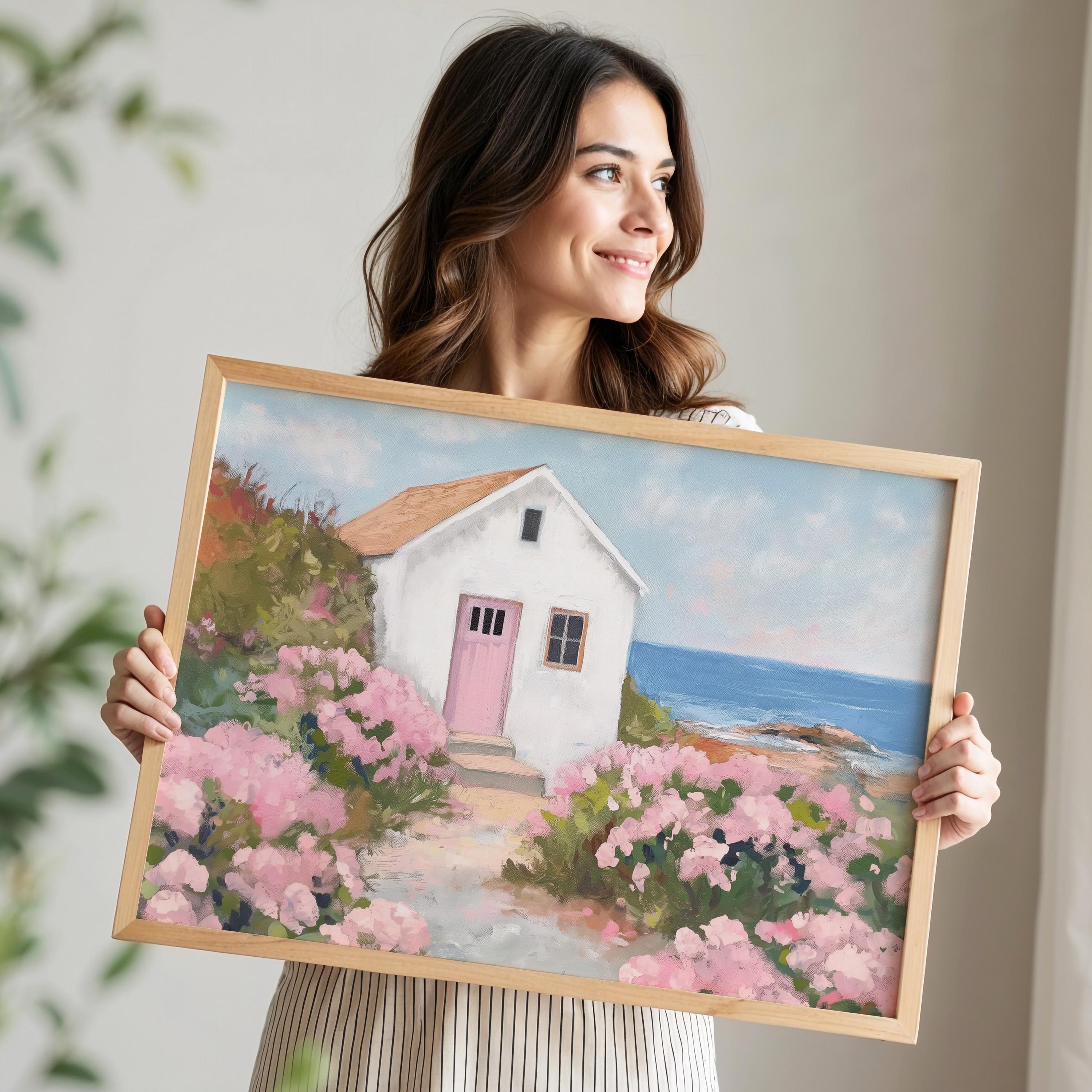 Pink Hydrangea Coastal Cottage Print: Beach House Wall Art (digital ...