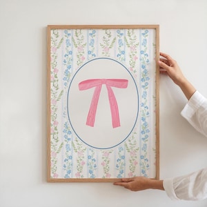 Coquette Bow Wall Art, Pink Ribbon with Floral Wallpaper, Pastel Cottagecore Printable, Feminine Trendy Room Decor