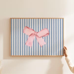 Pink Bow Wall Art Print, Coquette Aesthetic Decor, Feminine Bedroom Printable, Blue Stripe Background, Preppy Girly Art for Nursery