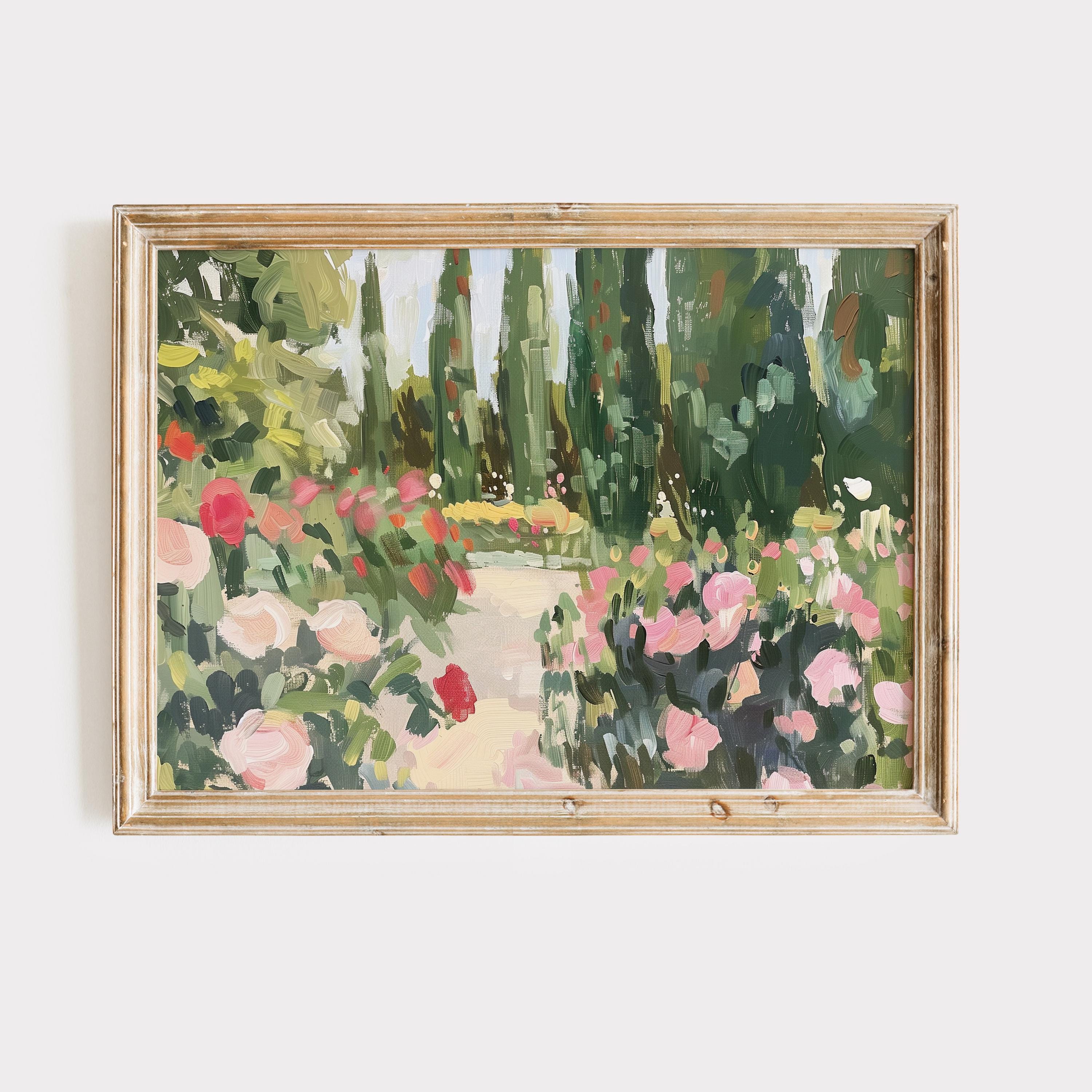 ローズガーデンの油絵：横長の風景画（印刷可能） - Etsy 日本