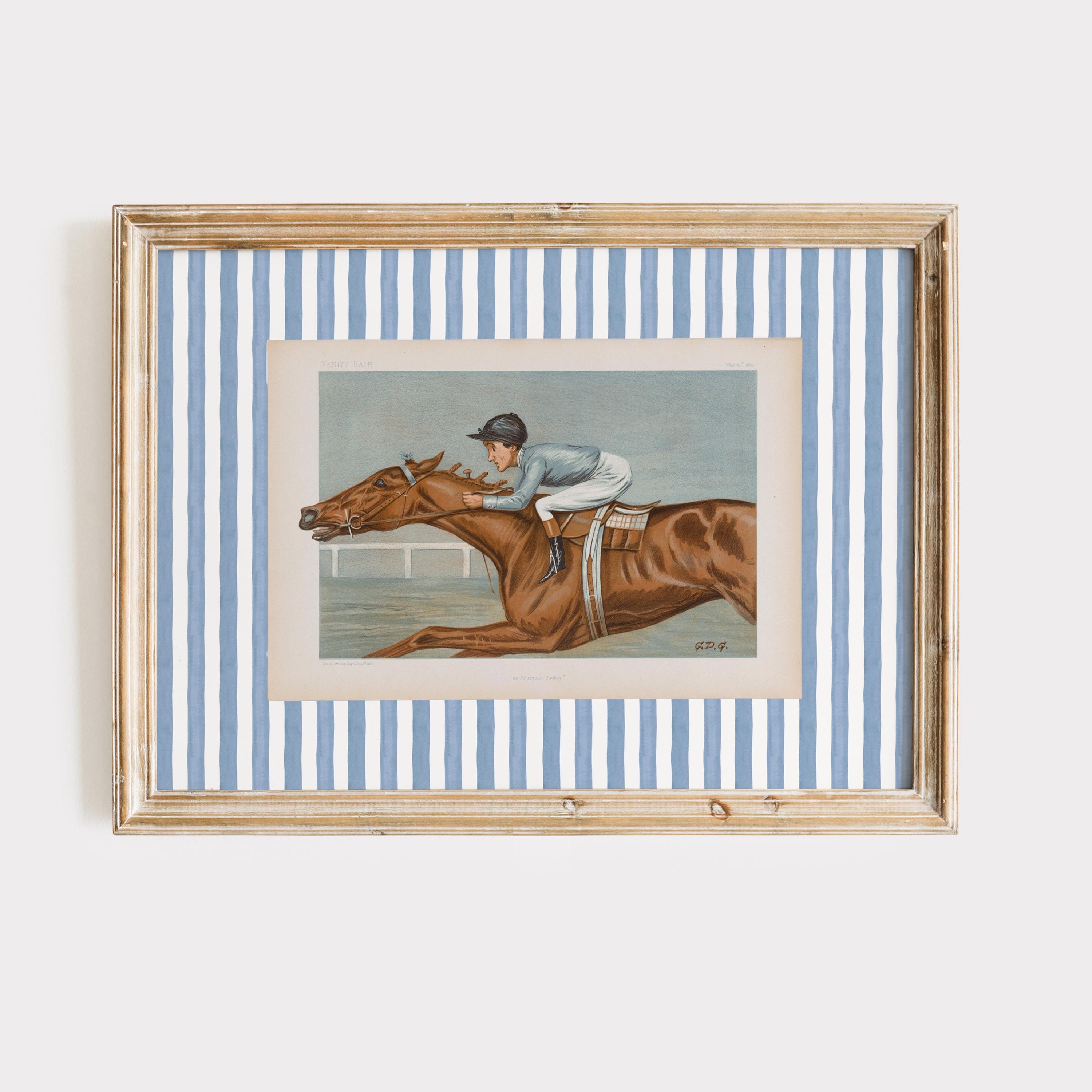 ビンテージ 馬 ホース 馬画 競馬 ラグ マット タペストリー レトロ 当時物 ヴィンテージジョッキー競馬プリント：ブルーストライプの馬術アート